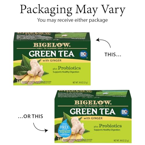 Bigelow Green Tea with Ginger Plus Probiotics tea bags in cup for a flavorful brew.