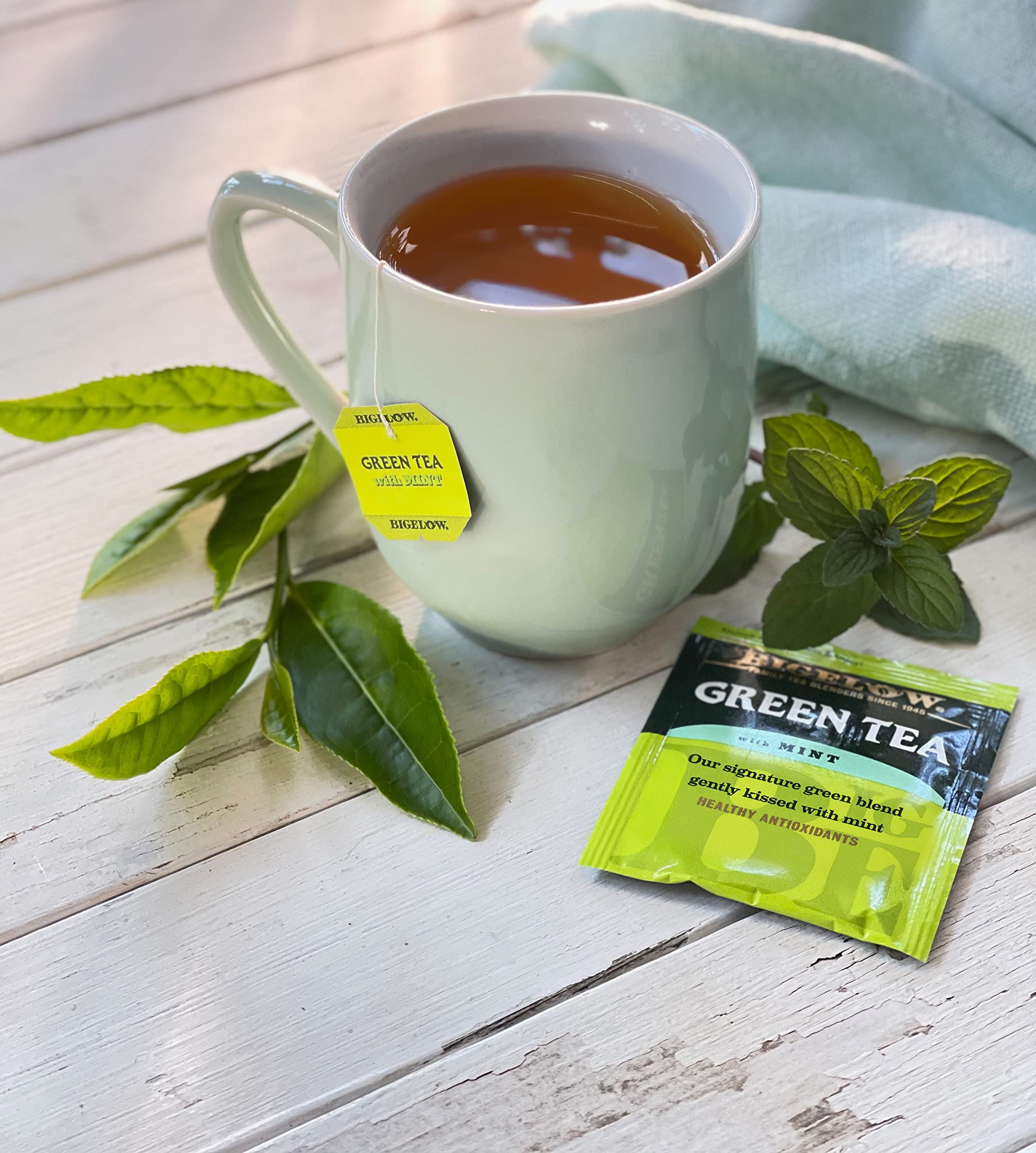 Bigelow Green Tea with Mint steaming cup ready for a soothing hot sip.