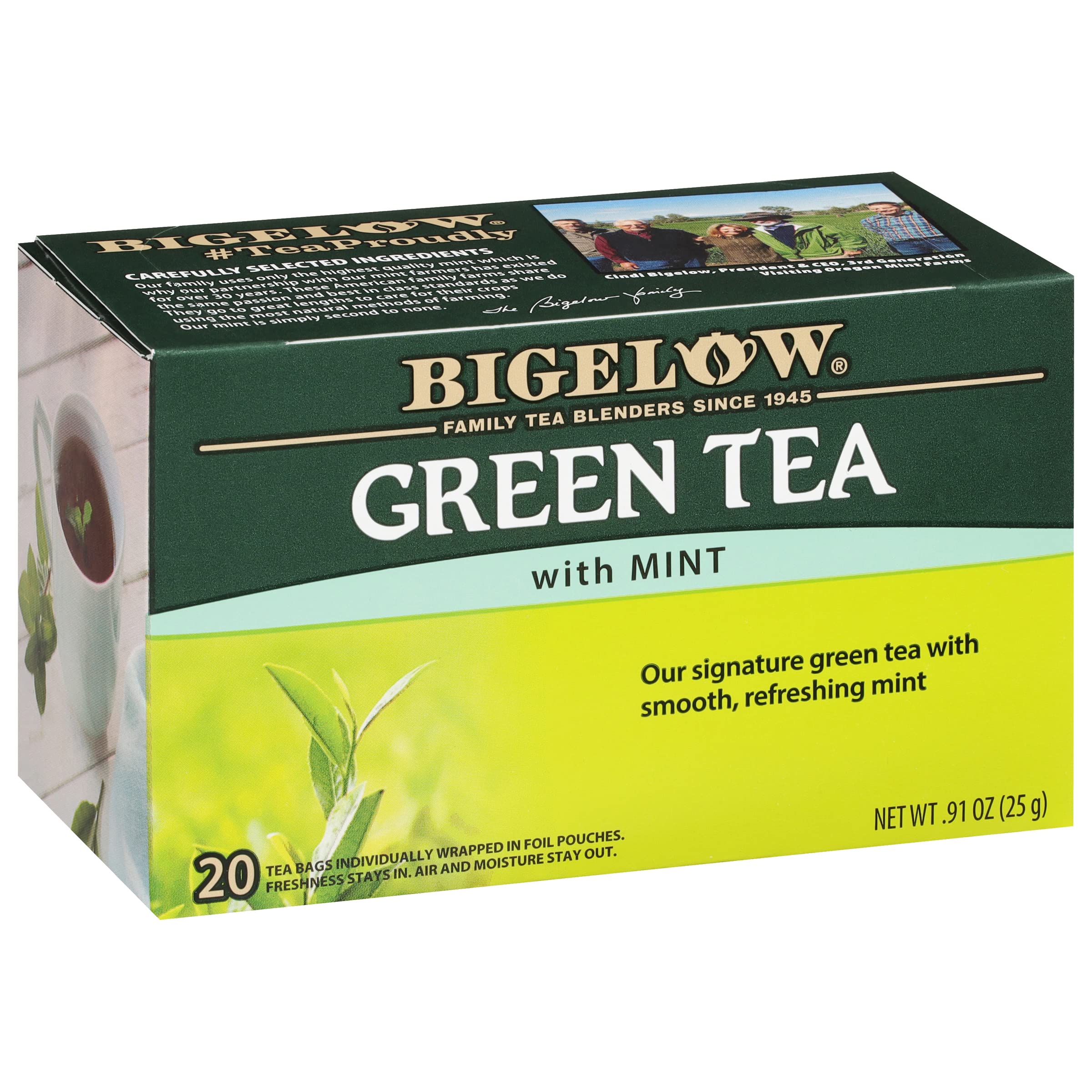 Bigelow Green Tea with Mint tea bag close-up highlighting fresh aroma.