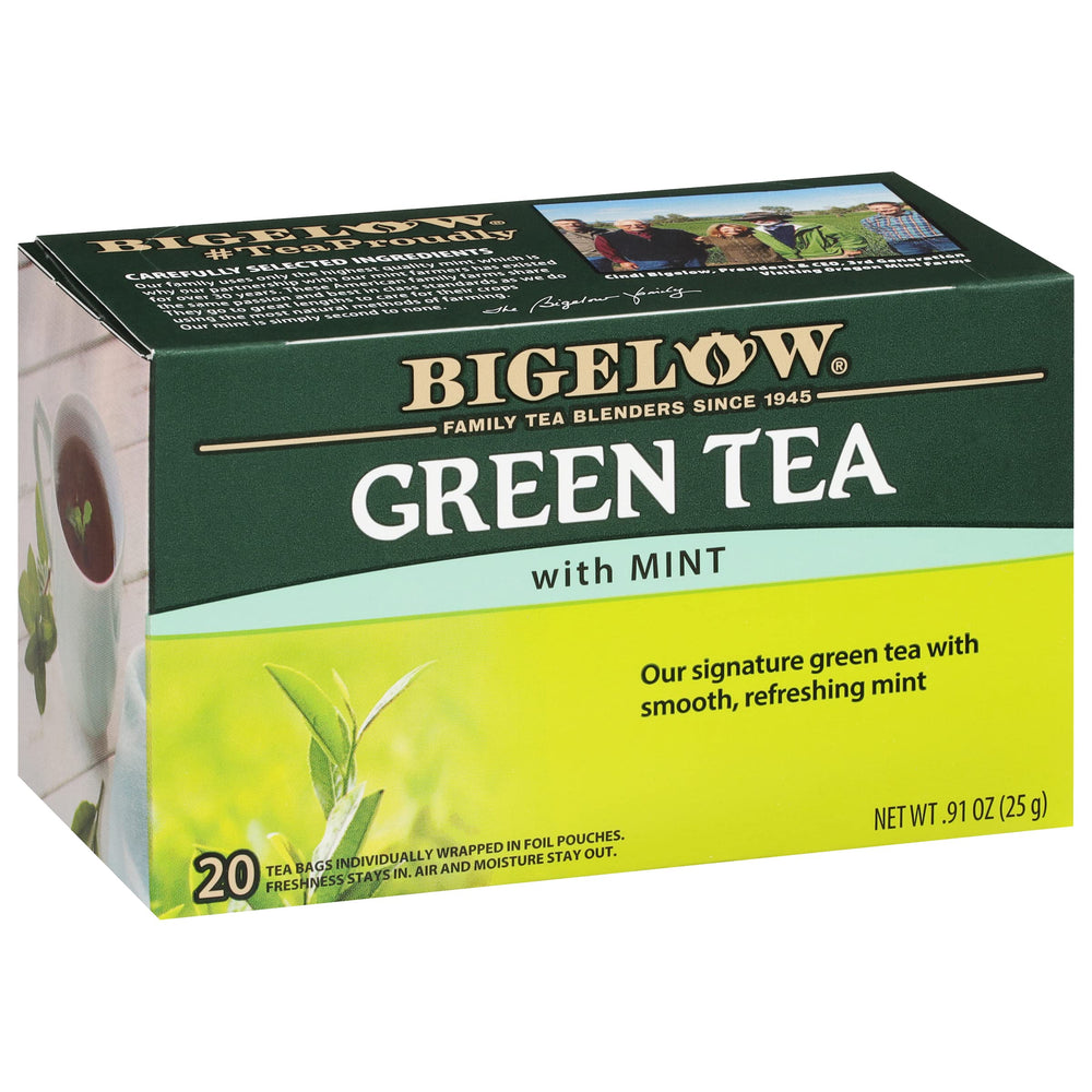 Bigelow Green Tea with Mint tea bag close-up highlighting fresh aroma.