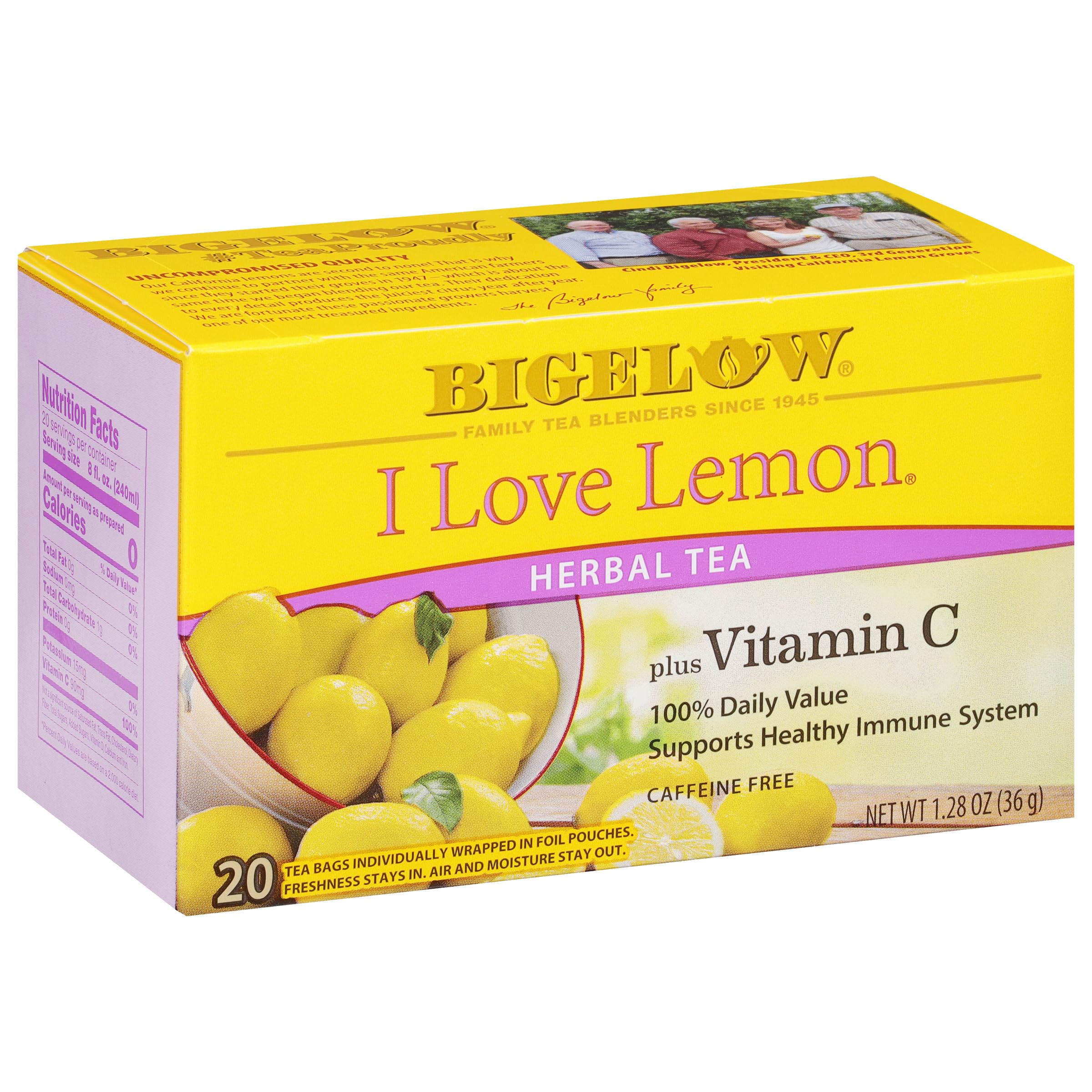 Bigelow I Love Lemon tea bags pack highlighting citrus flavor and vitamin C boost