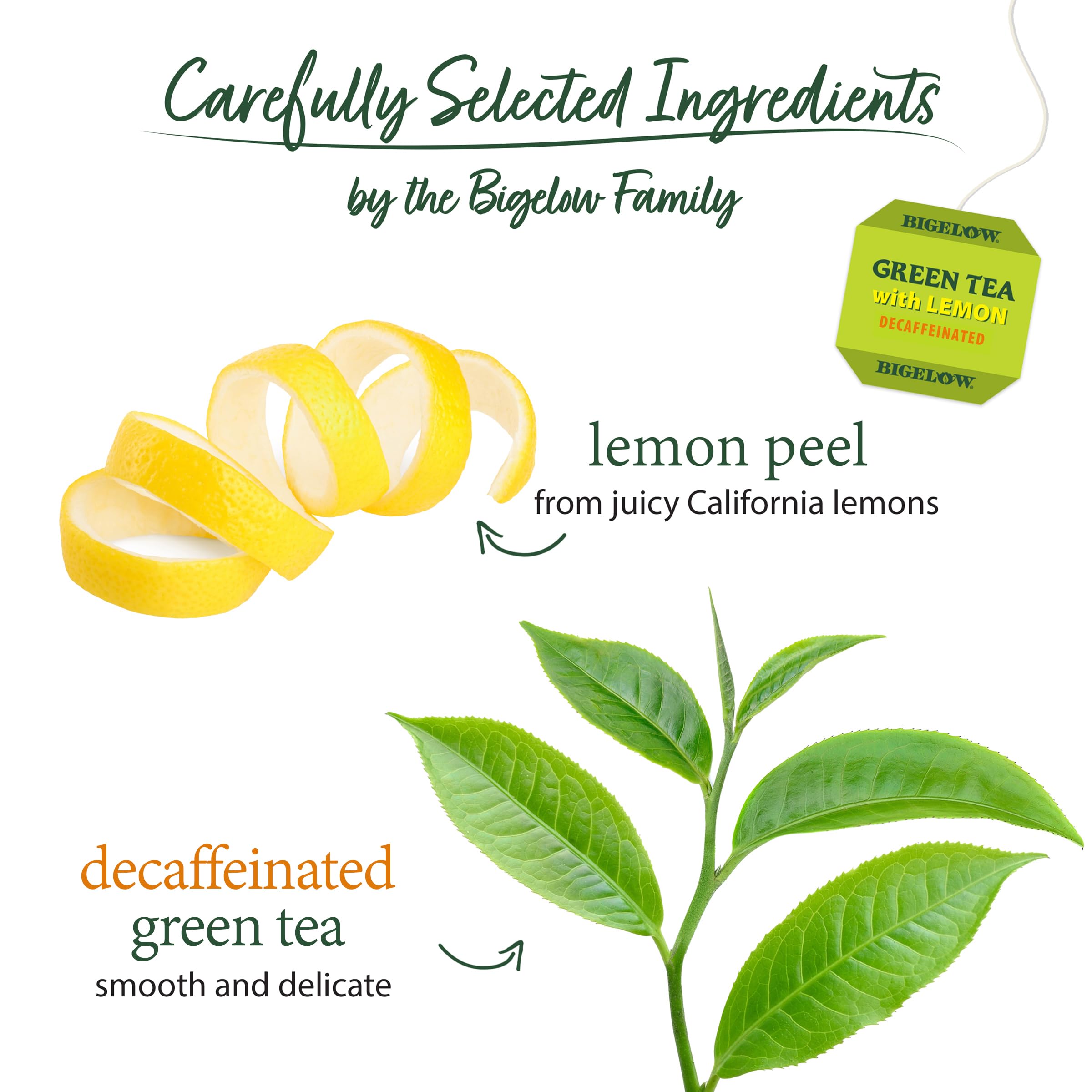 Close-up of lemon zest with green tea leaves from the Bigelow blend highlighting aroma.