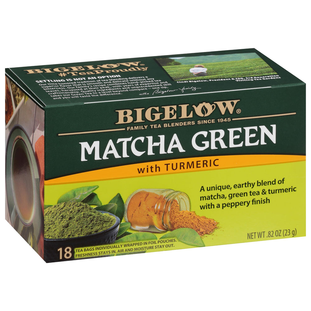 Bigelow Matcha Green Turmeric tea box front, premium blend for daily wellness