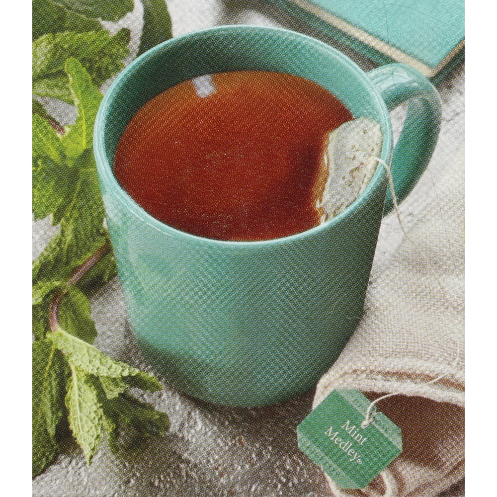 Steeped Bigelow Mint Medley cup releasing refreshing aroma and clean finish.