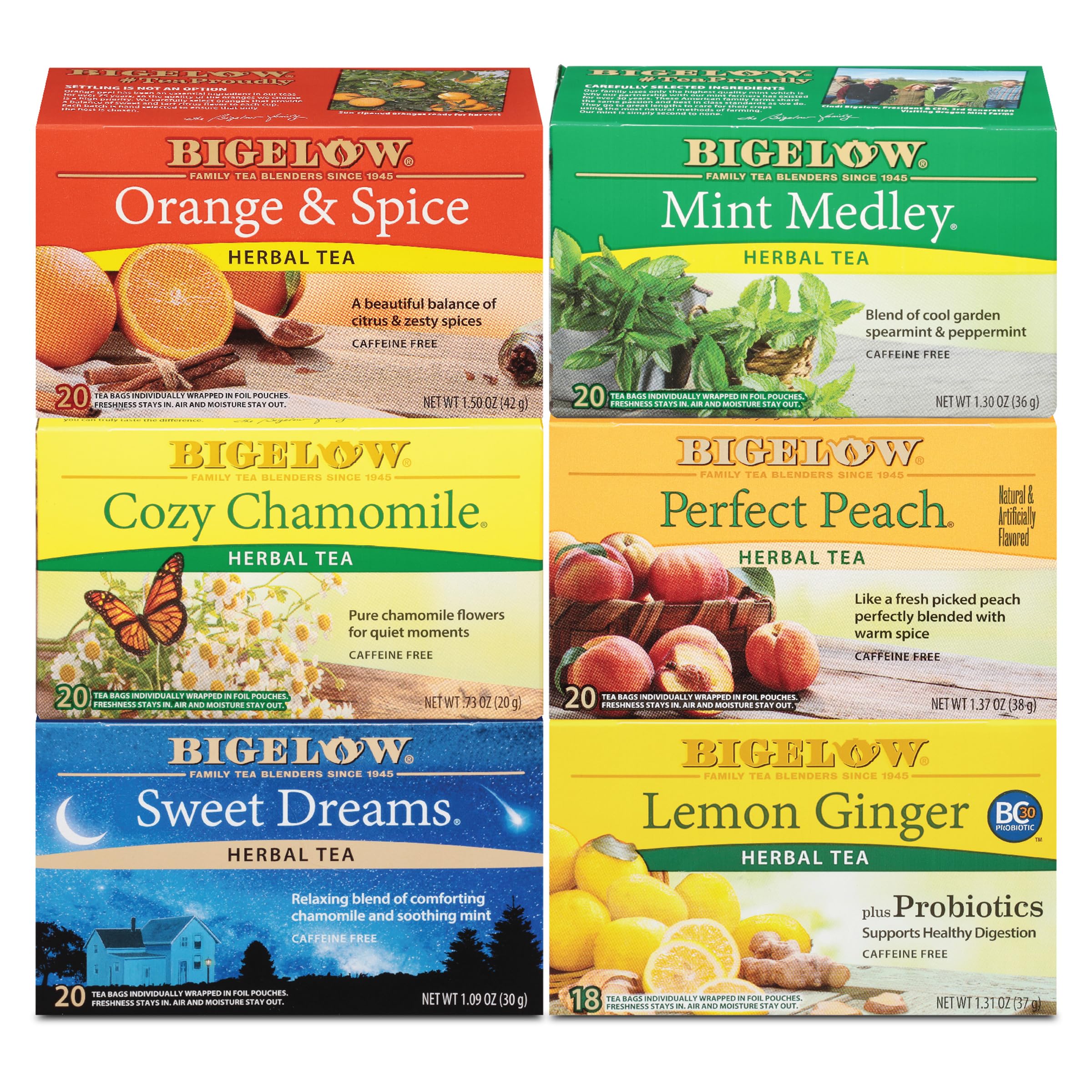 Bigelow Mint Medley tea bag with refreshing aroma for an afternoon lift.