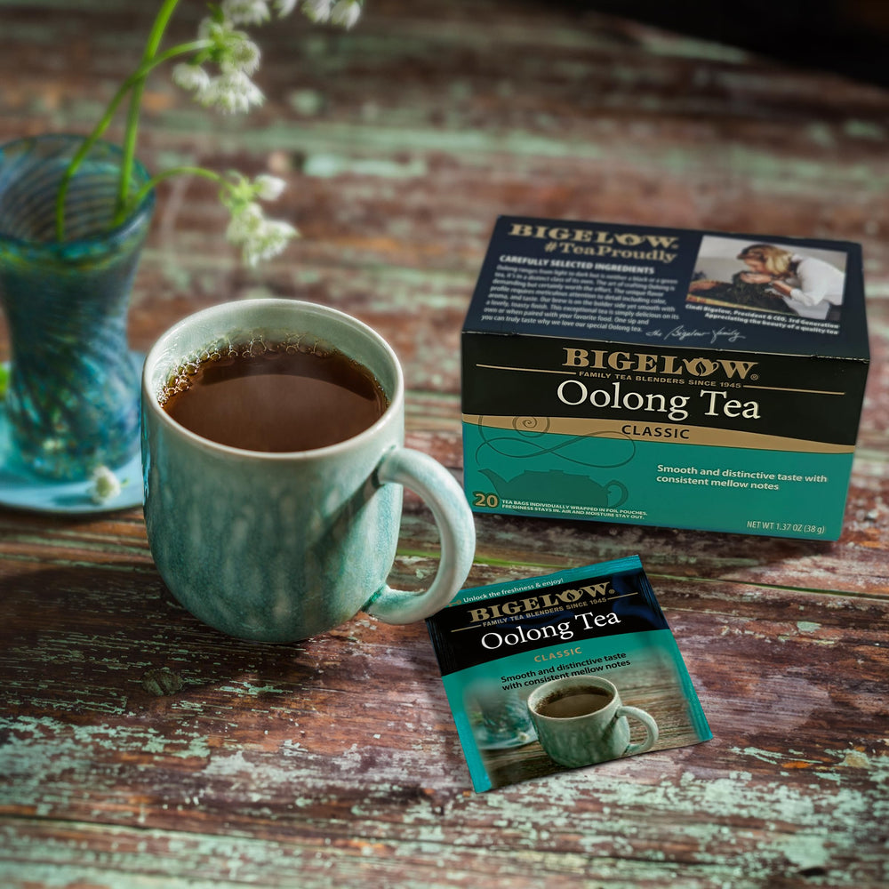 A cup of Bigelow Oolong Tea shows its smooth, fresh brew.