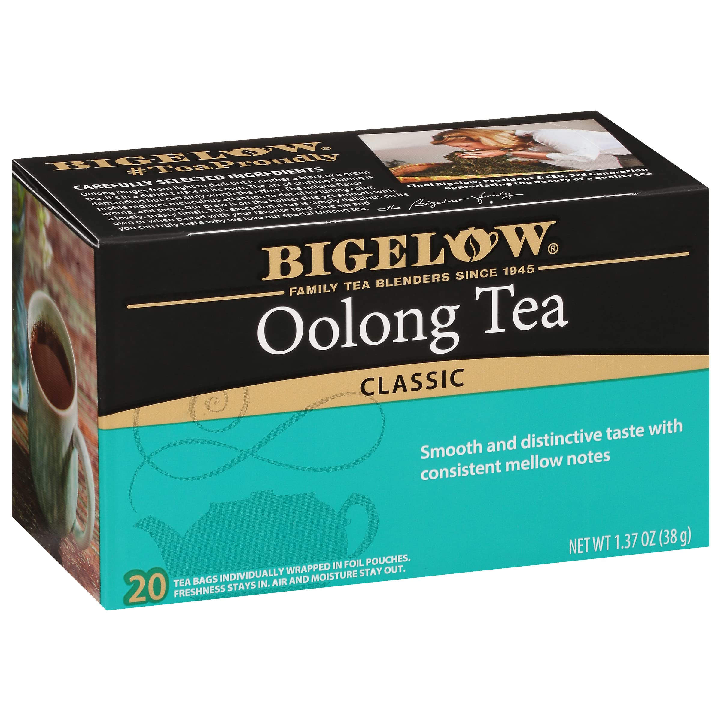 Bigelow Oolong Tea pack boxes showcase quality and versatile meal pairing.