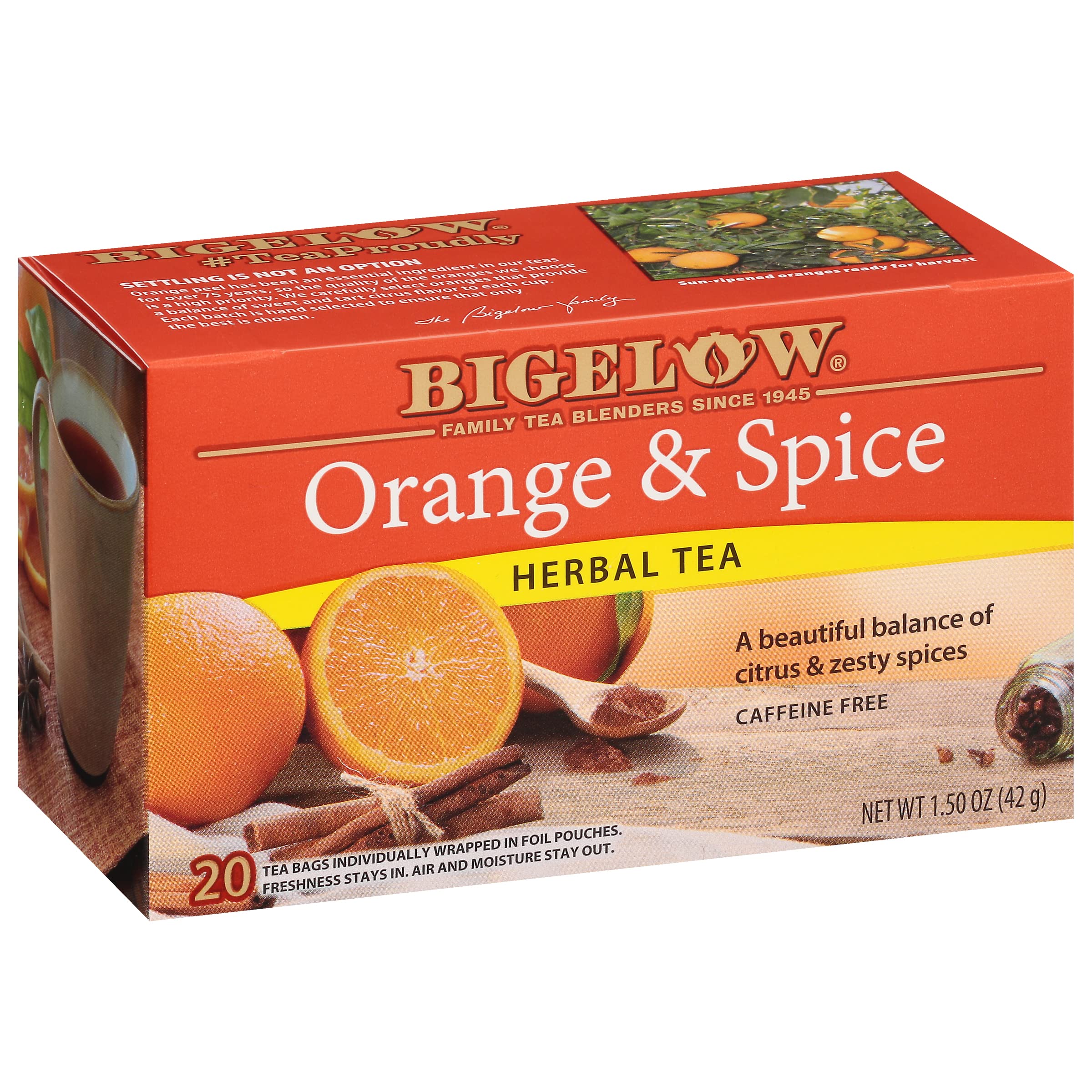 Bigelow Orange & Spice Herbal Tea box showing caffeine-free, citrus-spice flavor appeal.