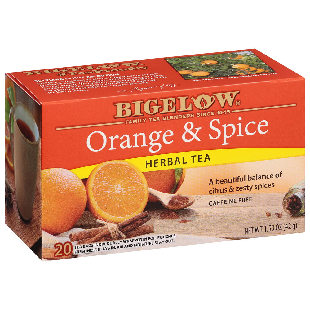 Bigelow Orange & Spice Herbal Tea box showing caffeine-free, citrus-spice flavor appeal.