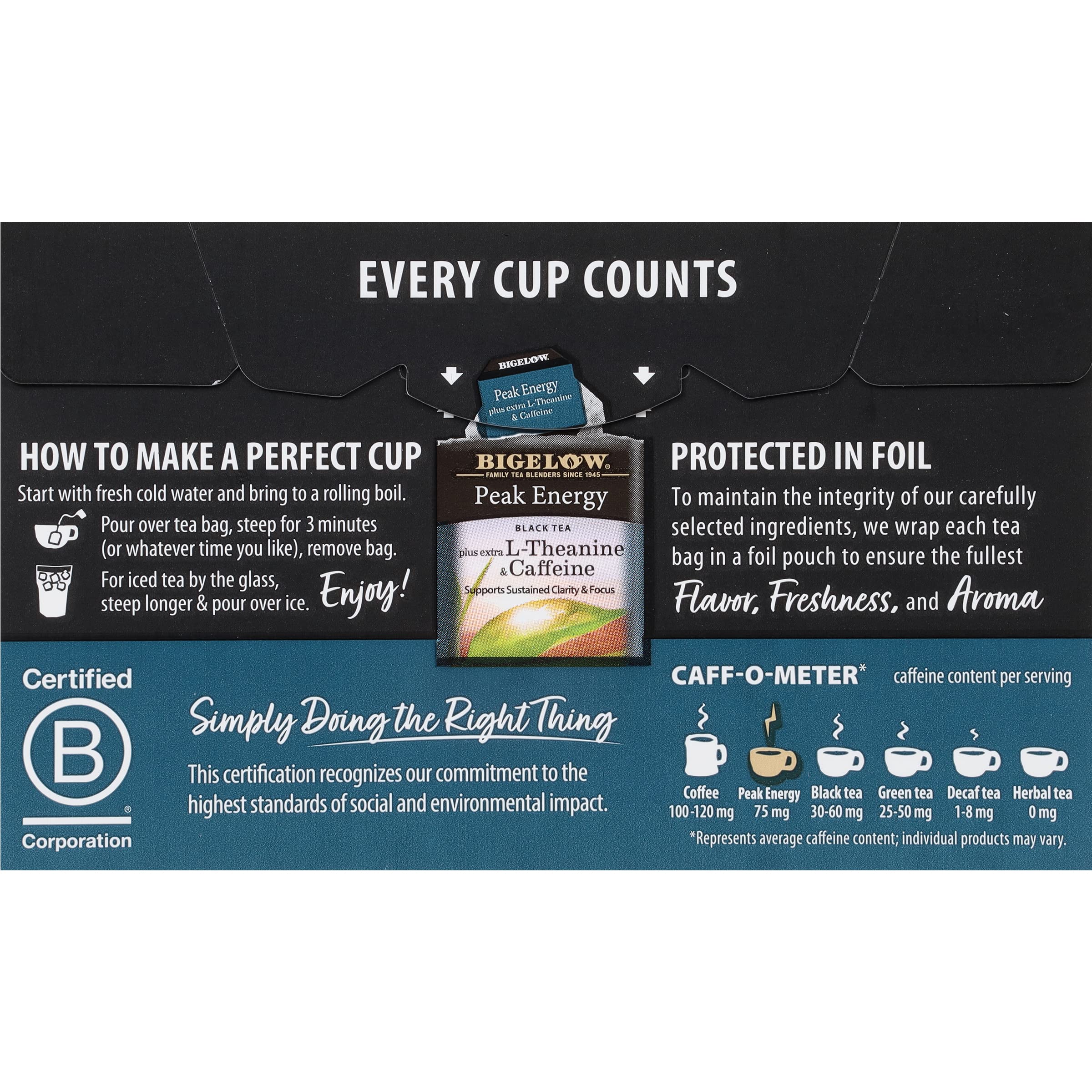 A steeped Bigelow Peak Energy cup releasing bold aroma and smooth finish.