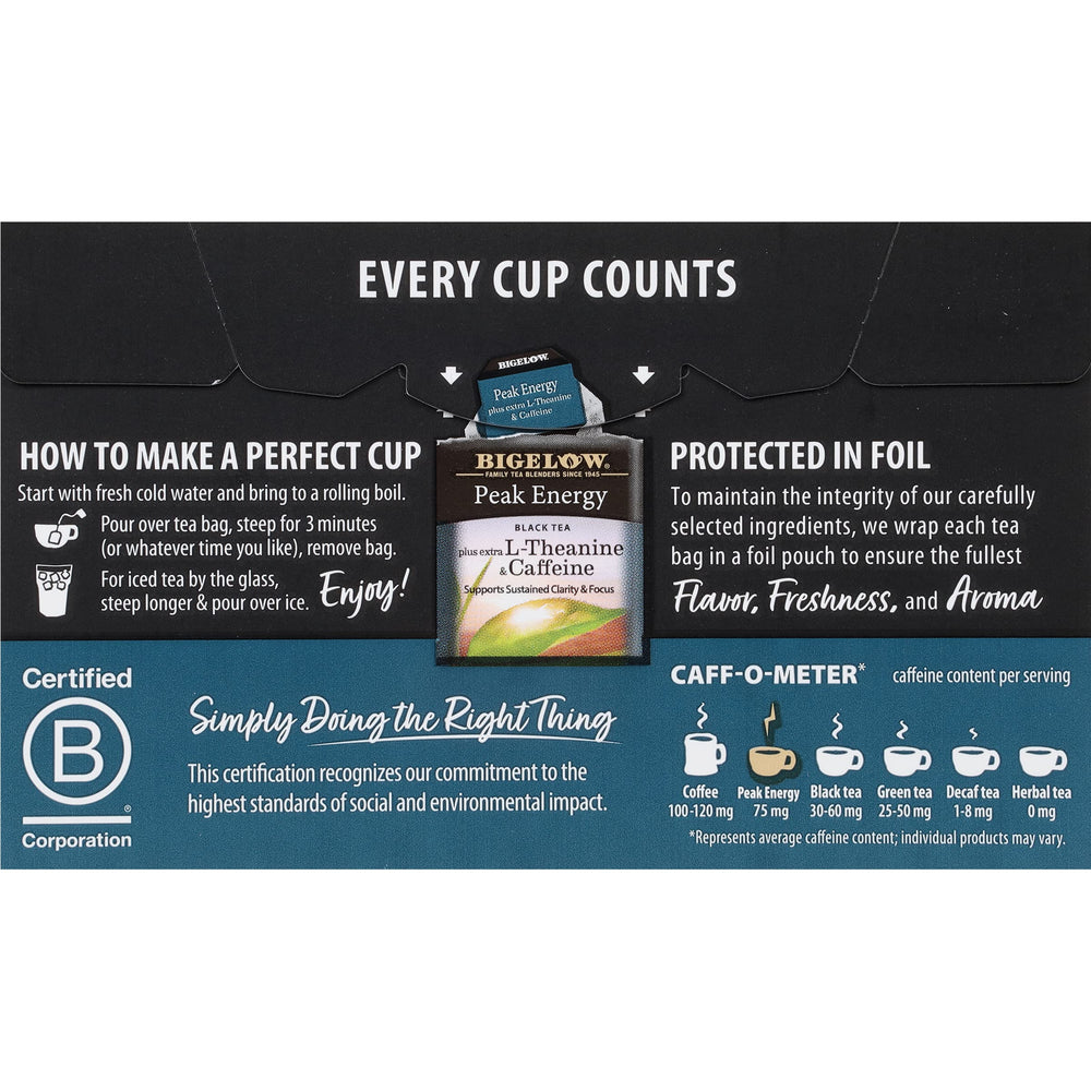 A steeped Bigelow Peak Energy cup releasing bold aroma and smooth finish.