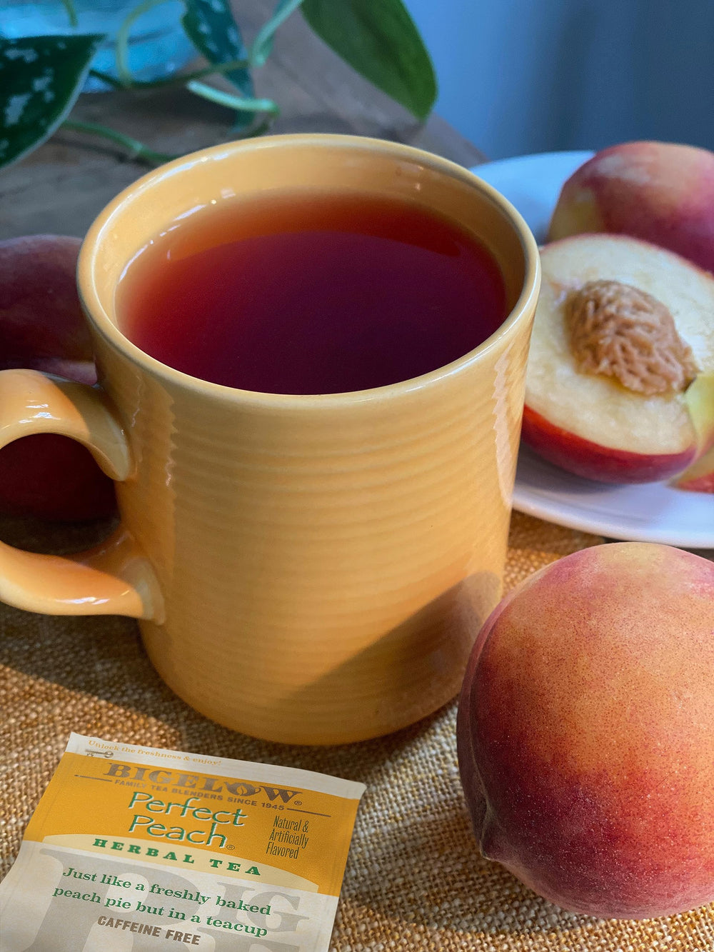 Steeping Bigelow Perfect Peach tea in a mug for a warm, comforting cup