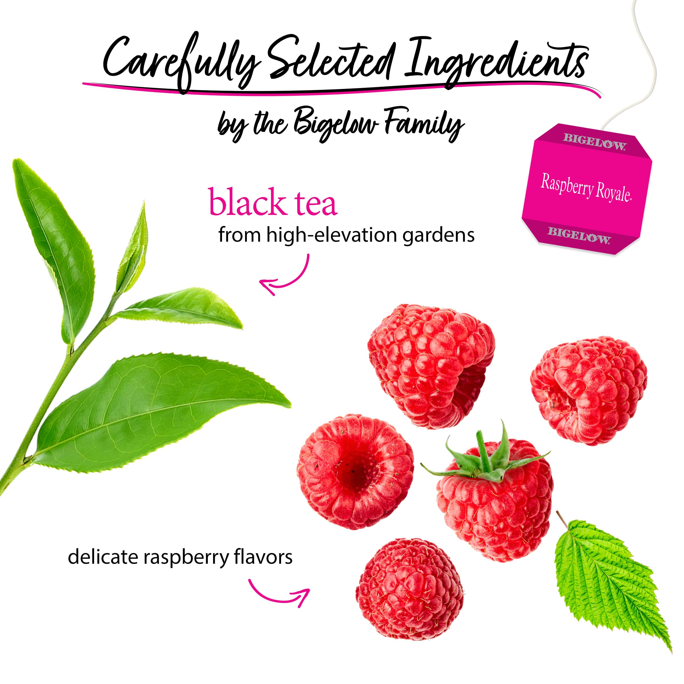 Foil-wrapped packaging preserves Bigelow Raspberry Royale flavor and aroma.
