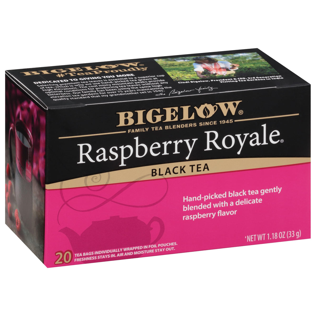 Bigelow Raspberry Royale tea bags ready to steep with fruity aroma.
