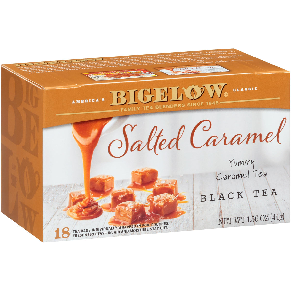 Bigelow Salted Caramel Black Tea box showcasing festive caffeine for holidays