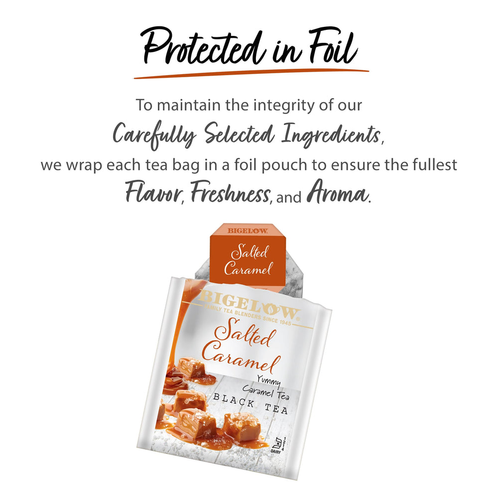 Bigelow Salted Caramel Black Tea closeup bags emphasizes individually wrapped freshness