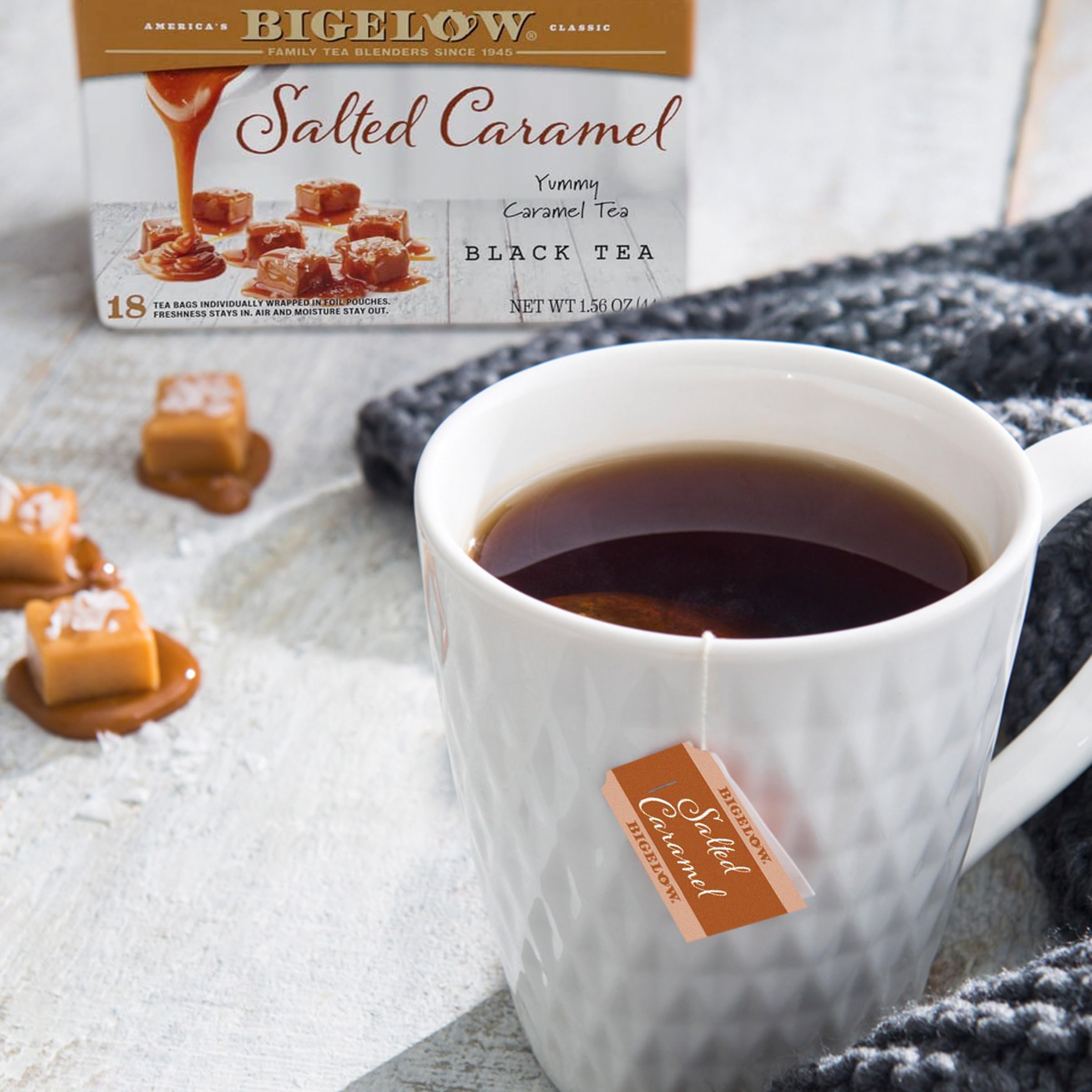 Bigelow Salted Caramel Black Tea bags foil wrap closeup highlights peak flavor