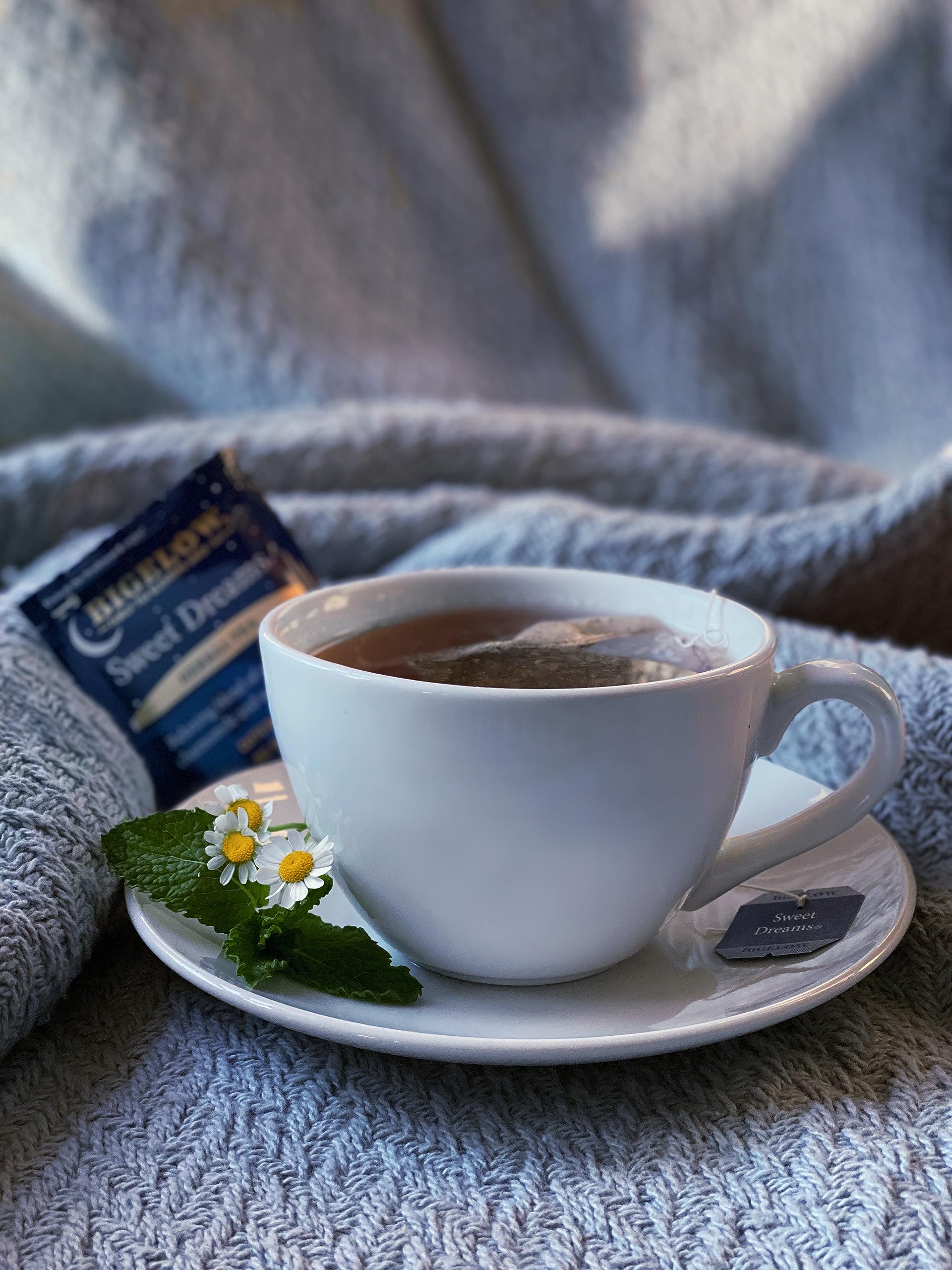 Bigelow Sweet Dreams chamomile and mint close-up highlighting calming aroma.