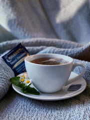 Bigelow Sweet Dreams chamomile and mint close-up highlighting calming aroma.