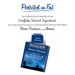 Bigelow Sweet Dreams packaging shown in foil pouches preserves flavor.