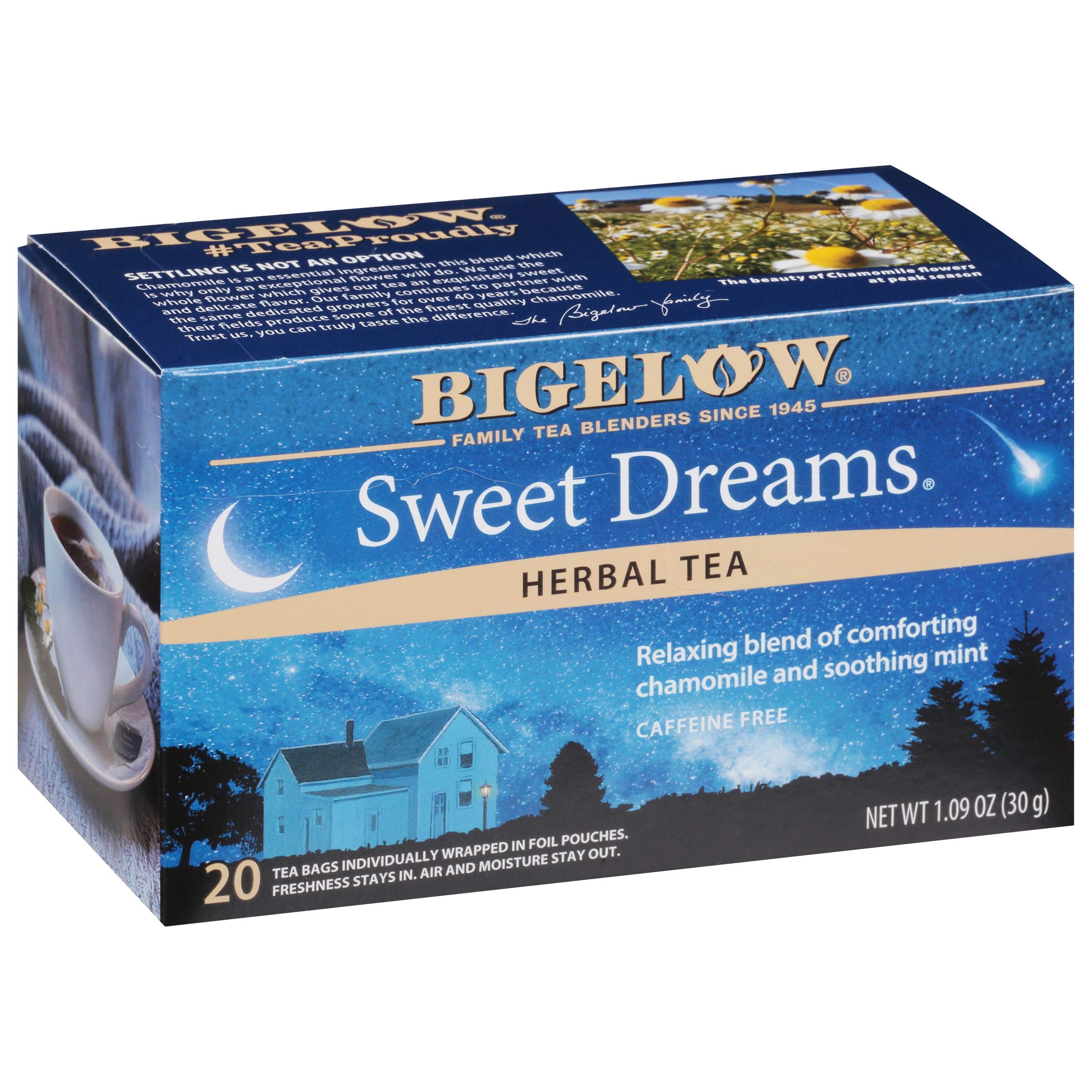 Bigelow Sweet Dreams tea bags box, caffeine-free herbal blend for relaxing evenings.