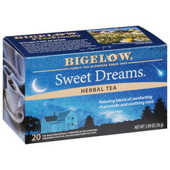 Bigelow Sweet Dreams tea bags box, caffeine-free herbal blend for relaxing evenings.