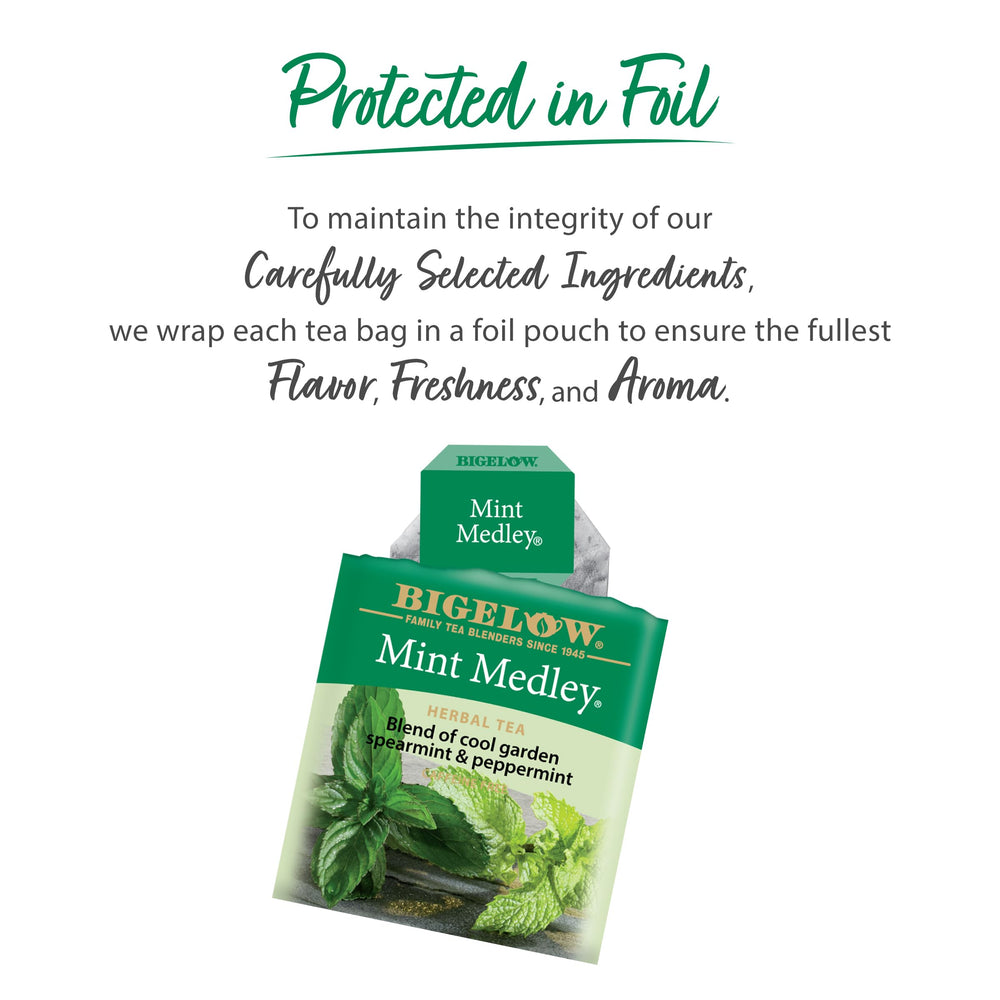 Individually wrapped Bigelow Mint Medley tea bags preserve freshness and aroma.