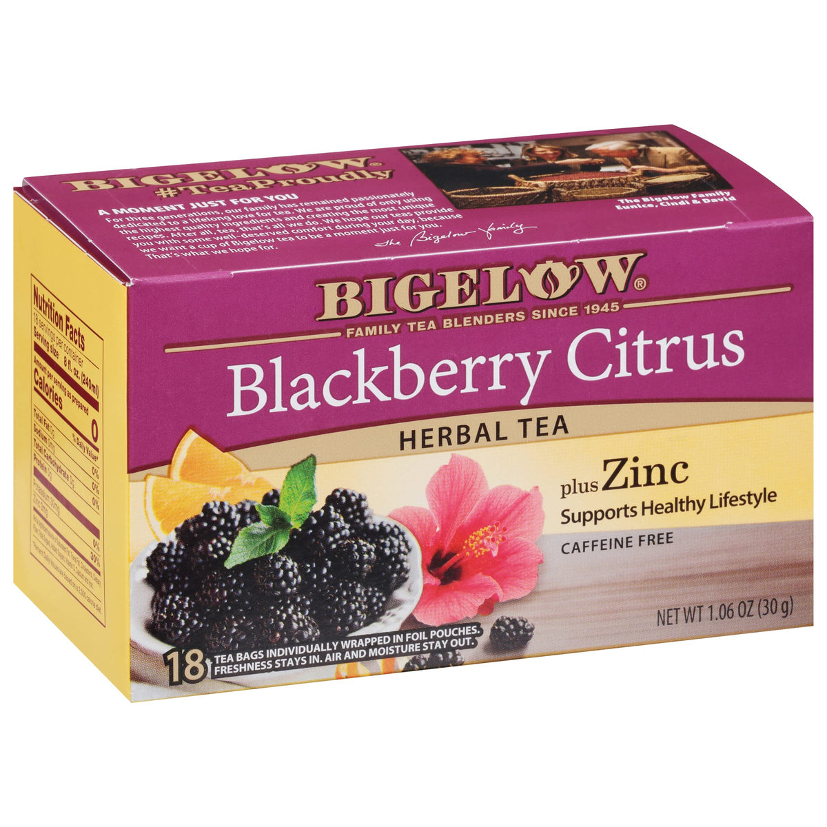 Bigelow Blackberry Citrus Plus Zinc tea boxes ready for enjoyment