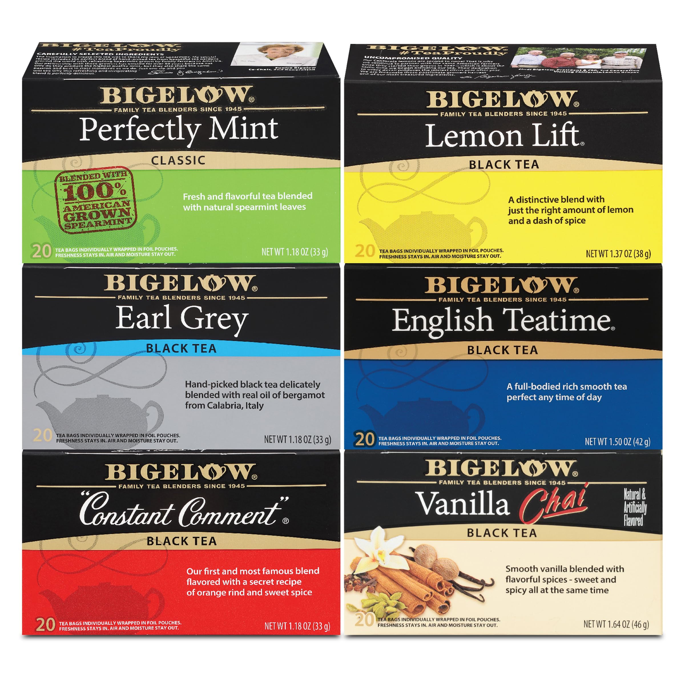 Bigelow caffeinated black tea variety pack with 120 foil-wrapped bags.