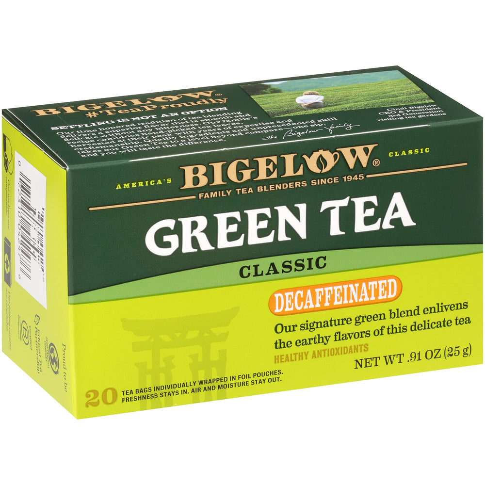 Bigelow Tea Classic Decaf Green Tea bags ready to brew hot or iced.