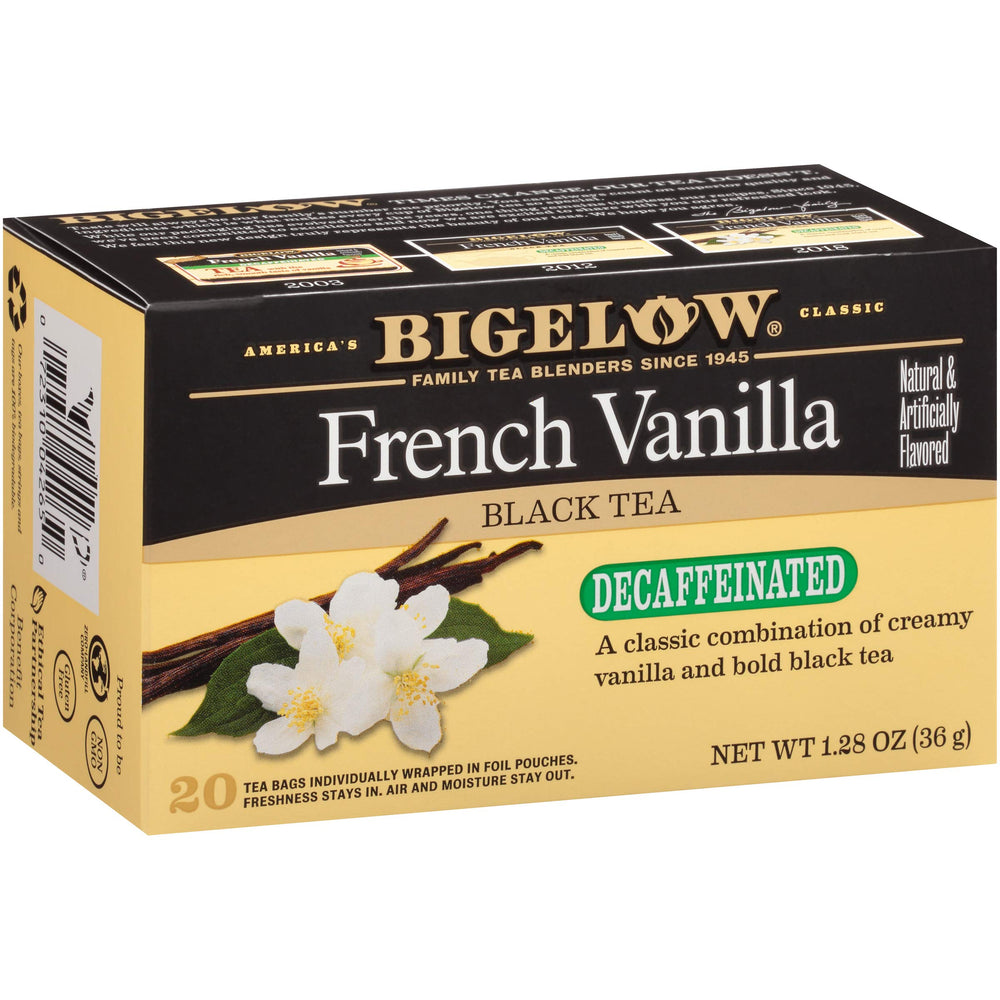 Bigelow Decaffeinated French Vanilla Tea box front with inviting vanilla aroma