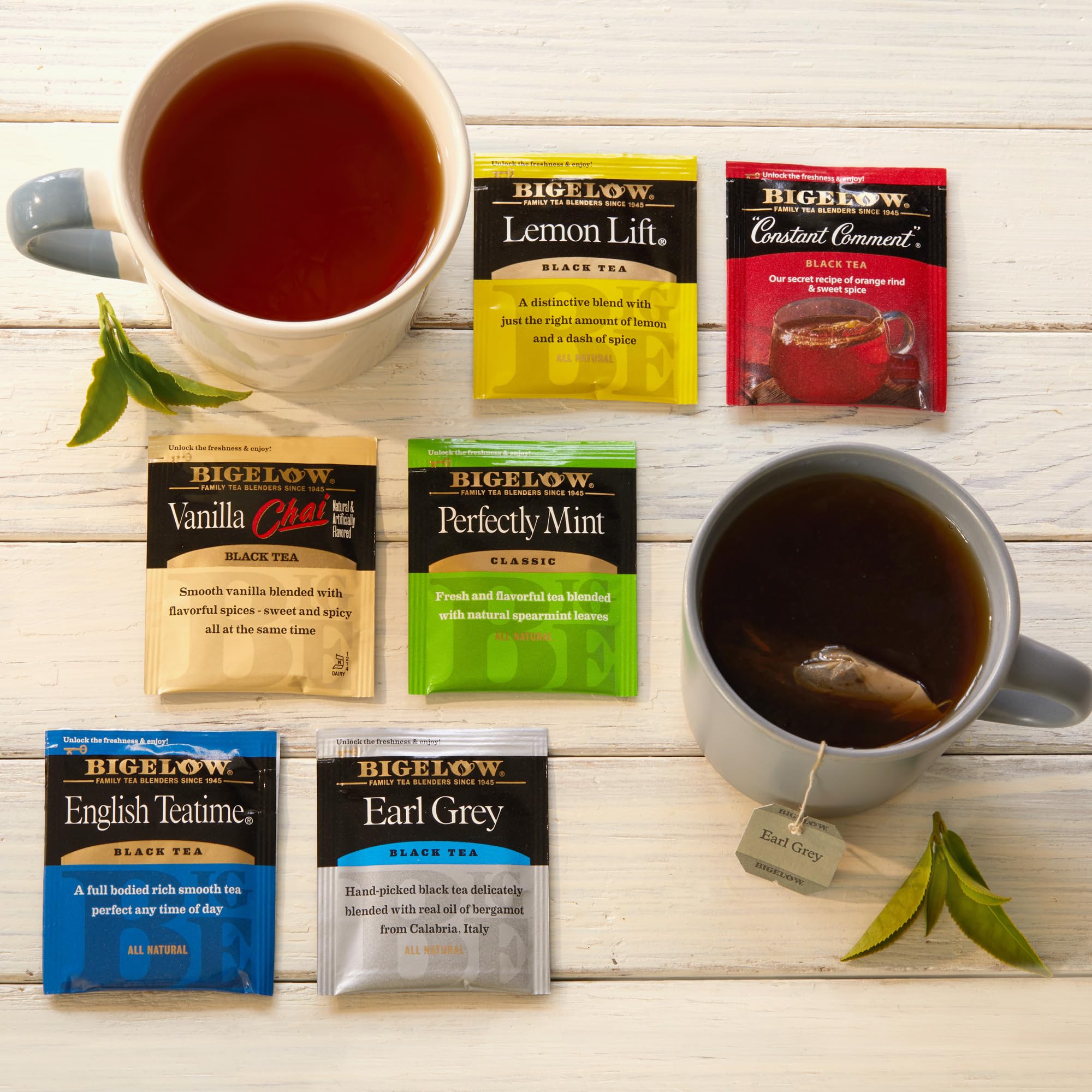 Assorted Bigelow flavors like Earl Grey and English Tea Time.