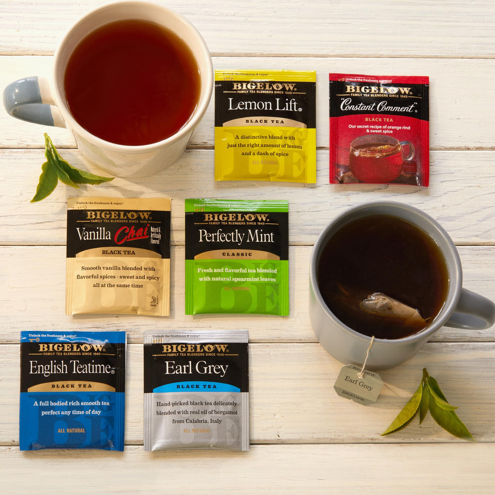 Assorted Bigelow flavors like Earl Grey and English Tea Time.
