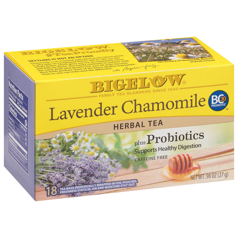 Bigelow Tea Lavender Chamomile Plus Probiotics pack with probiotic blend for a calming routine