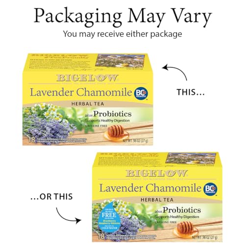 Close-up of Bigelow Lavender Chamomile probiotic tea bags ready for brewing