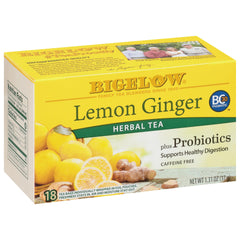 Bigelow Tea Lemon Ginger Probiotics cup highlighting soothing flavor and digestive balance benefits.
