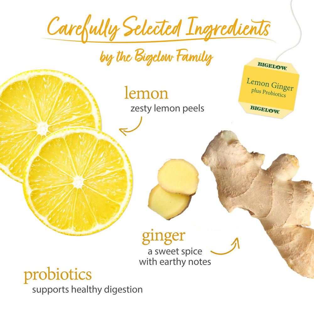 Bigelow Lemon Ginger Probiotics pouch showing foil packaging preserving aroma and taste.