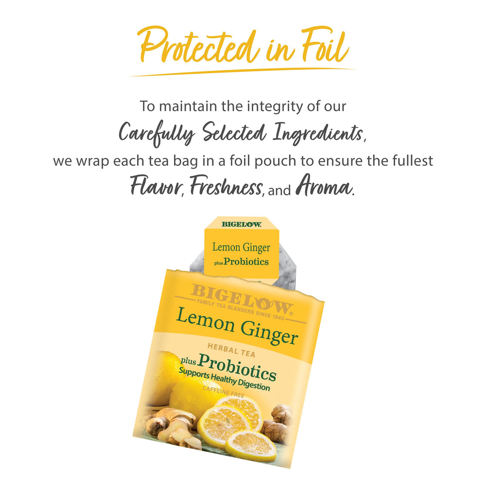 Bigelow Lemon Ginger Probiotics ingredients emphasize real lemon and ginger flavor profile.