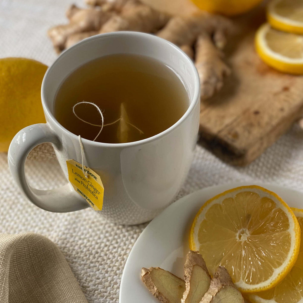 Bigelow tea bag pack with lemon-ginger blend for convenient single-serve freshness.