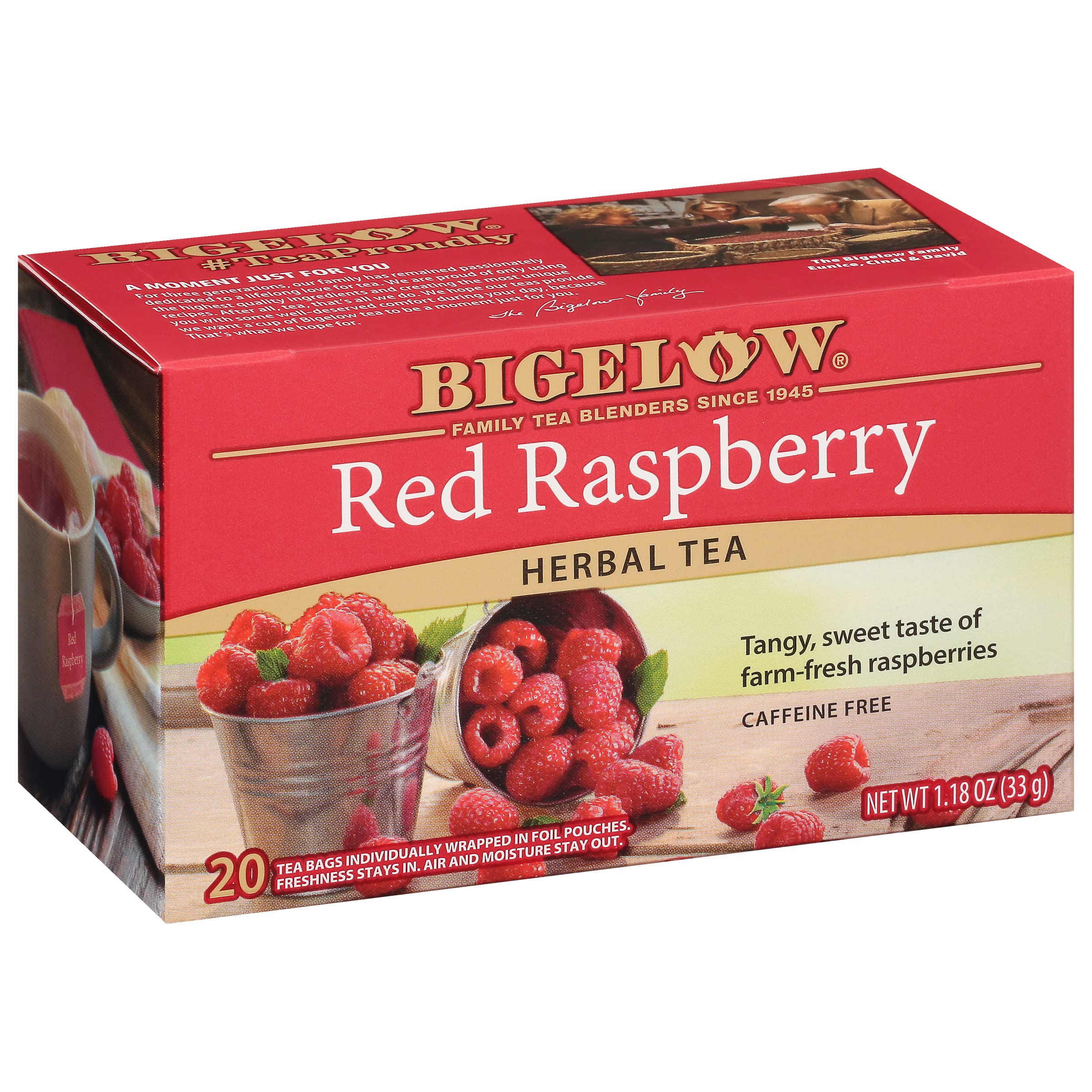 Bigelow Red Raspberry tea bags in foil pouches preserve aroma and freshness