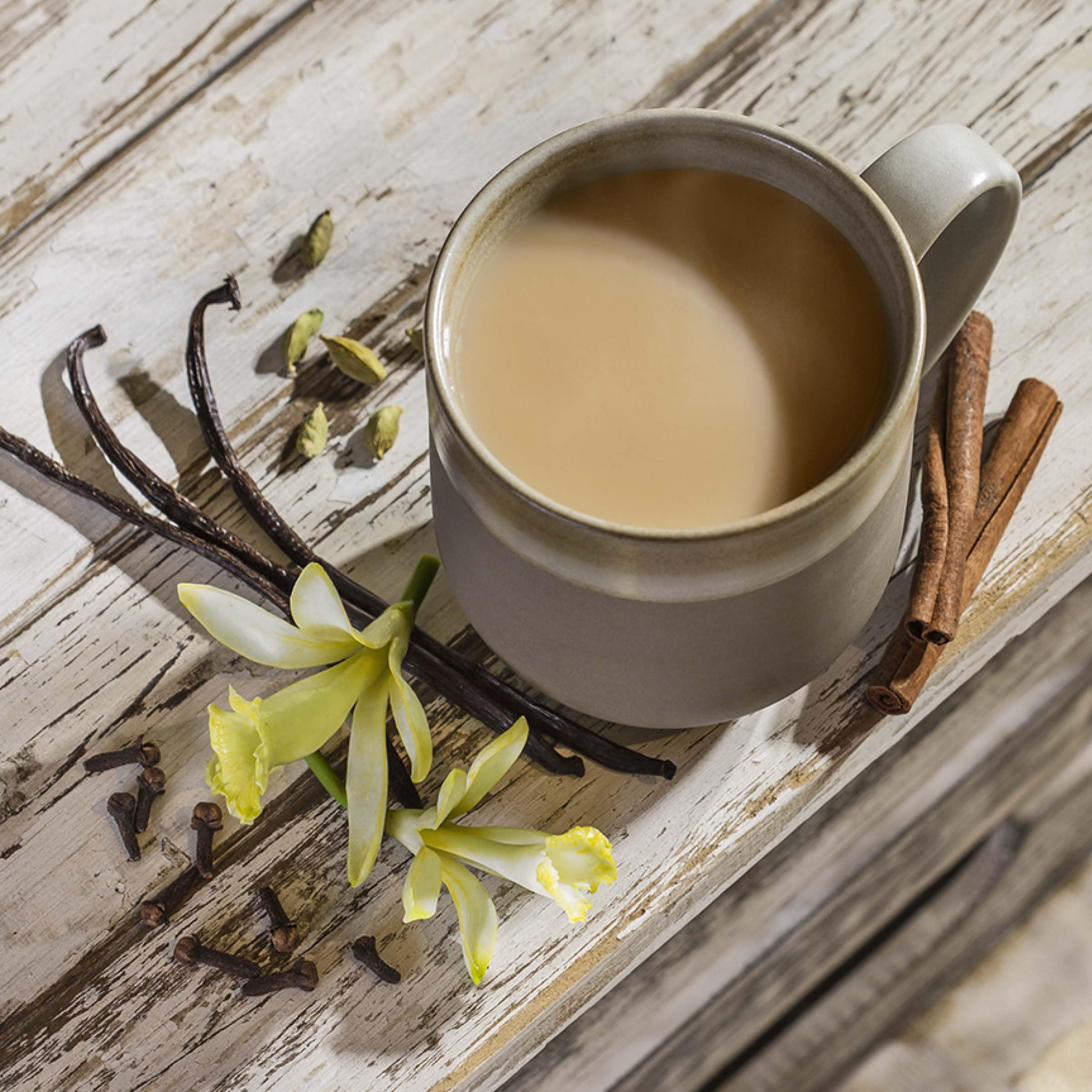 Hand holding Bigelow Vanilla Chai tea bags for brewing.