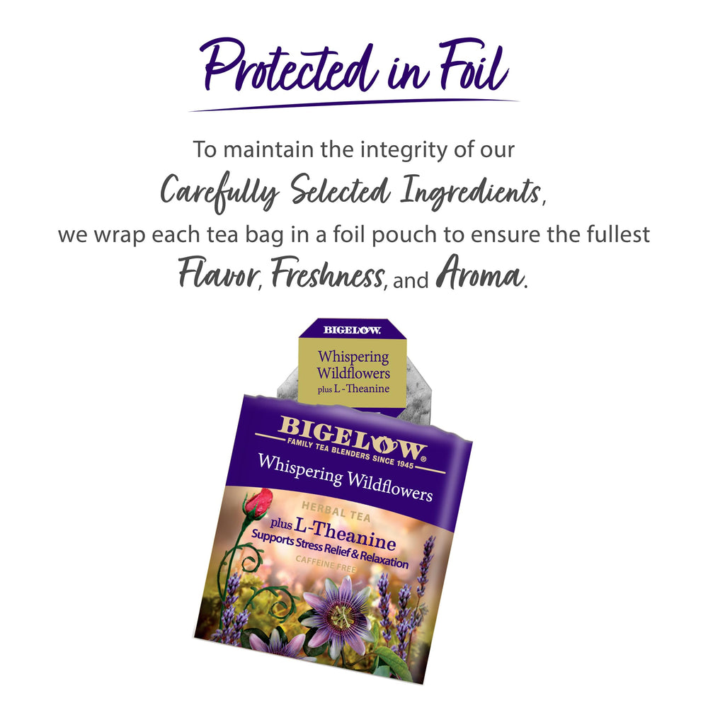 L-Theanine infusion from Bigelow Whispering Wildflowers for calm moments.