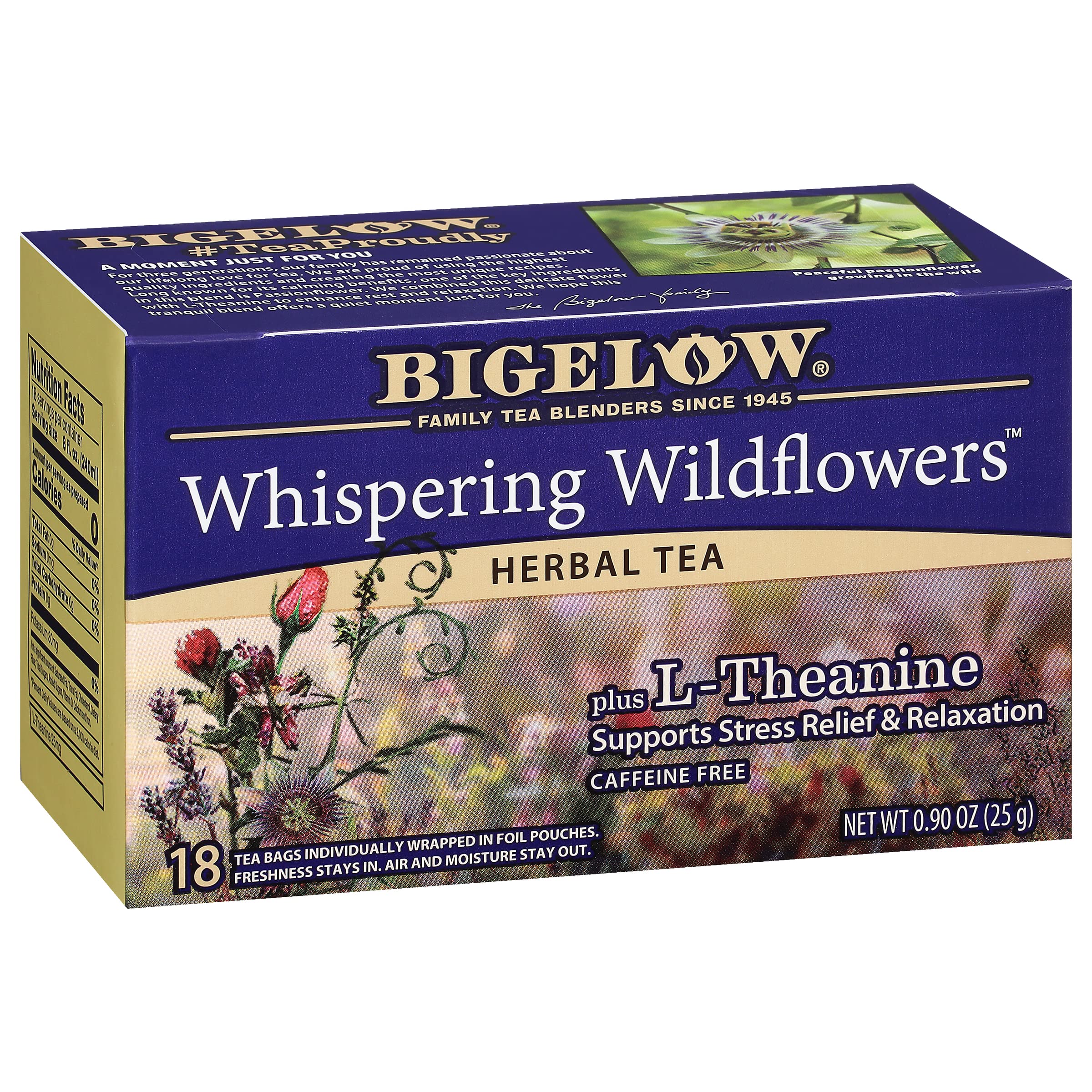 Bigelow Whispering Wildflowers tea bags for a caffeine-free ritual.