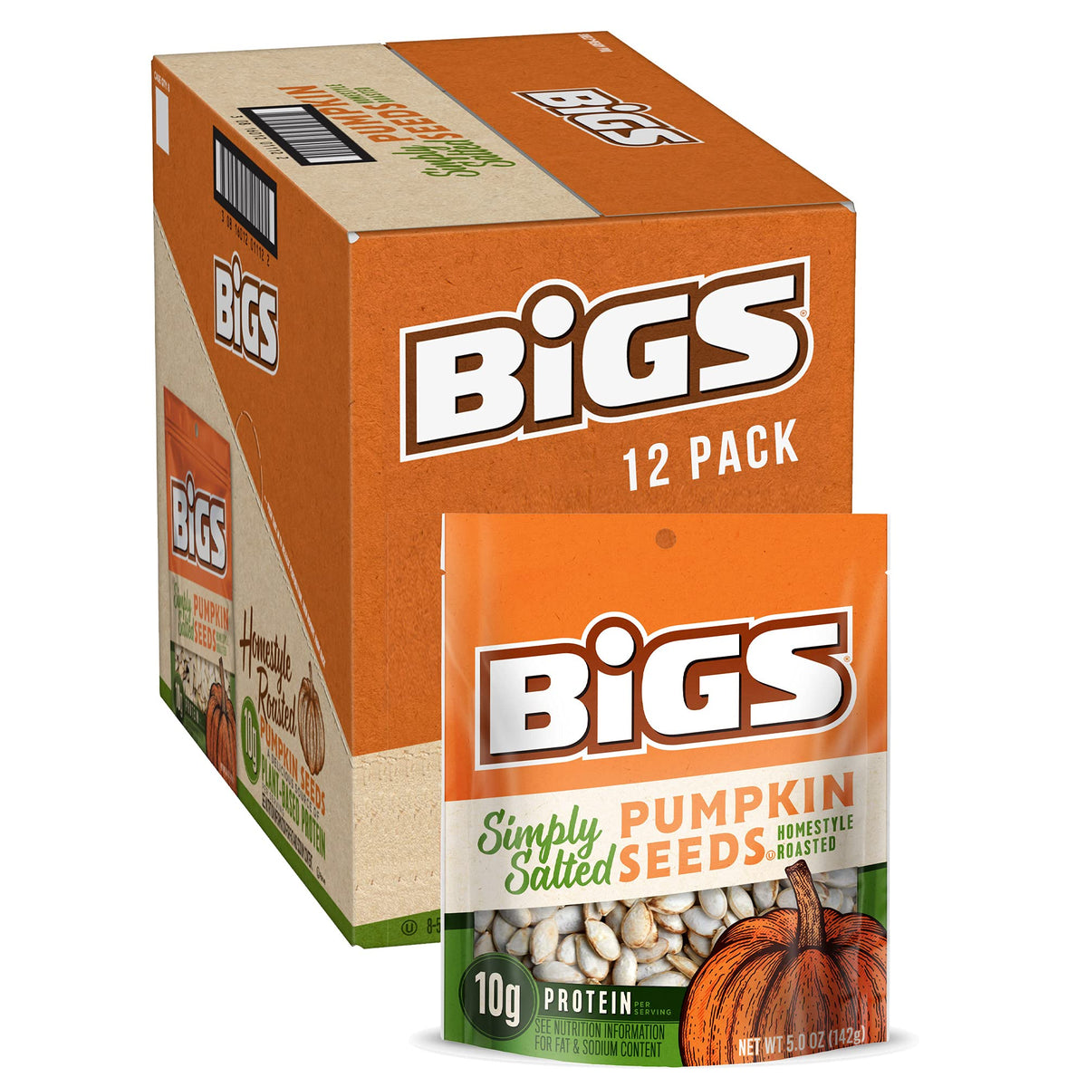 BIGS pumpkin seeds simply salted bags showing resealable packaging for on-the-go snacking.