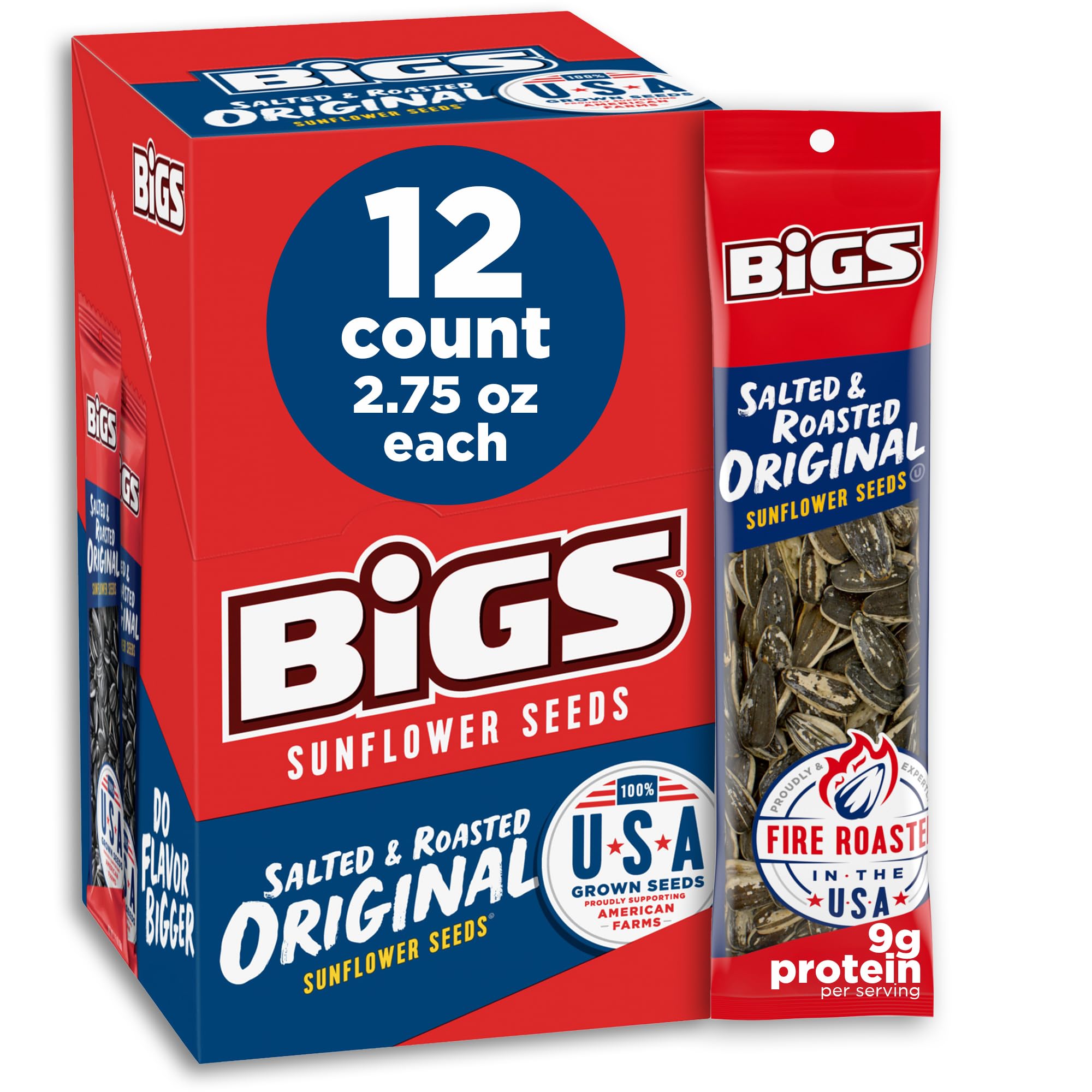 BIGS salted and roasted sunflower seeds in a 12-pack resealable bag for easy snacking