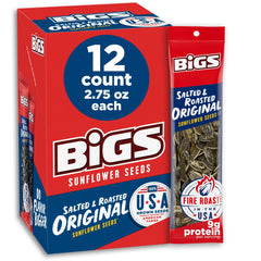 BIGS salted and roasted sunflower seeds in a 12-pack resealable bag for easy snacking