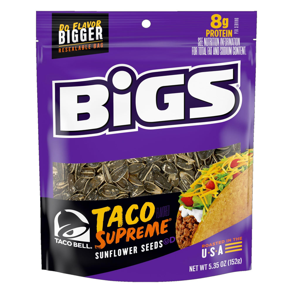 BIGS Taco Supreme sunflower seeds closeup bag highlighting bold flavor and resealability.