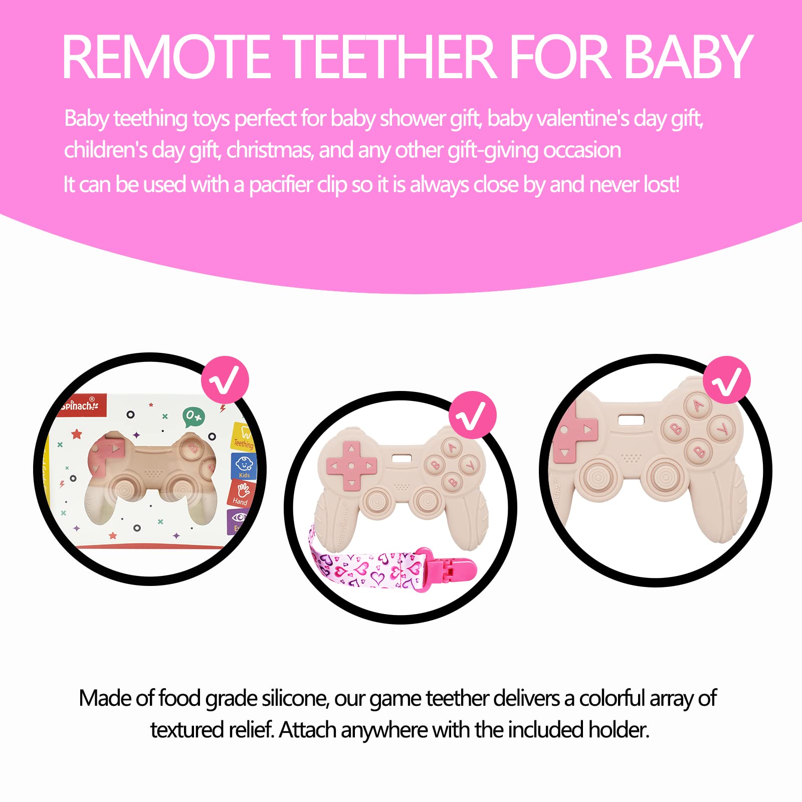 BIGSPINACH baby remote control teether pink suited for early play sessions.