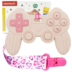BIGSPINACH cool remote game teether pink finish for babies with tactile pops and grip.