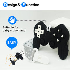 BIGSPINACH silicone-remote-teether-black provides safe chewing with a playful look